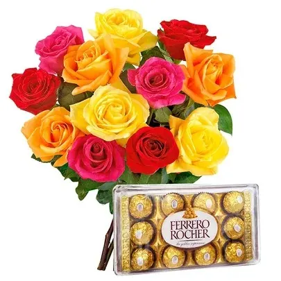 Buquê de 12 Rosas Coloridas com Ferrero Rocher